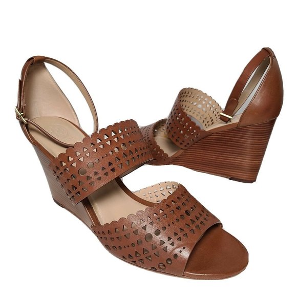 Tory Burch women sandals Wedge heel brown Perforated cut out ankle strap 10 new